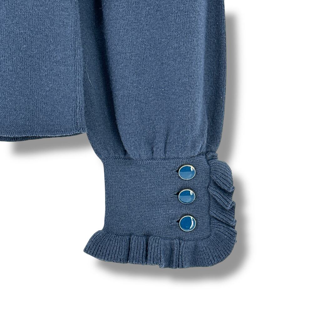 Margaret O'Leary Leila Button Cuff Ruffled Mock Neck Sweater Sz S Slate Blue - Picture 3 of 8